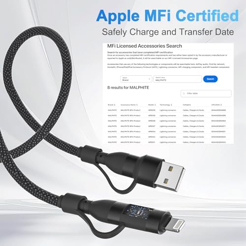MALPHITE 4 in 1 Charging Cable 3.3FT 60W Max 1 Pack MFi Certified Fast Charging & Data Sync USB A/C to Type C/Lightning Ports Compatible with iPad/iPhone Series/MacBook/Samsung etc