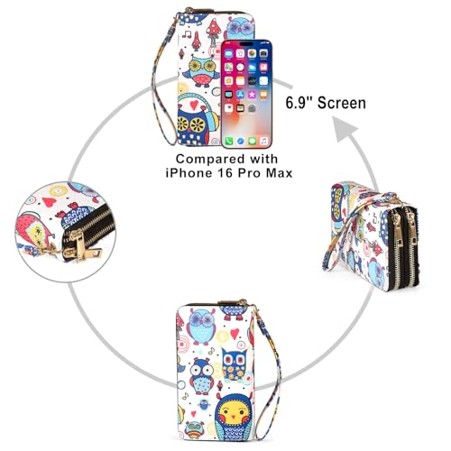 Cellphone Wallet for Women with Wrist Strap, RFID Blocking Credit Card Holder Large Size Clutch Purse, Owl - color: Owl