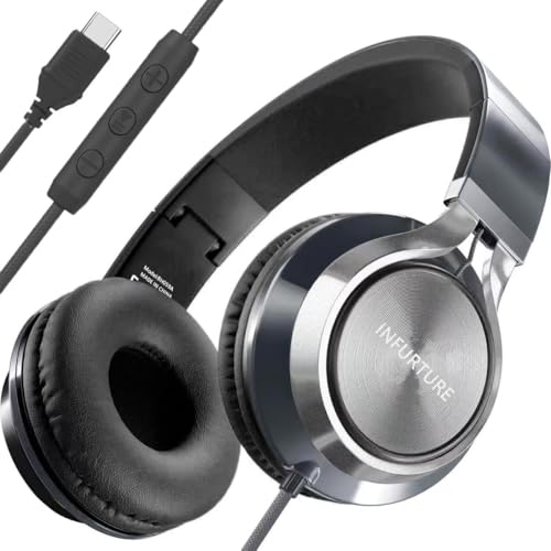 INFURTURE USB C Headphone for Kids & Adults Over-Ear Headphone with HD Mic - color: Black