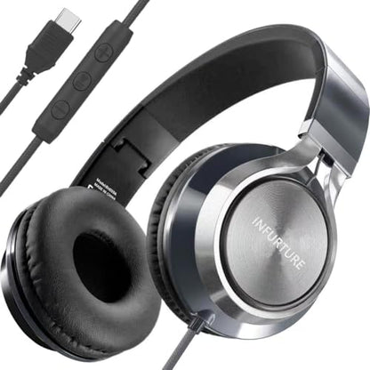 INFURTURE USB C Headphone for Kids & Adults Over-Ear Headphone with HD Mic - color: Black