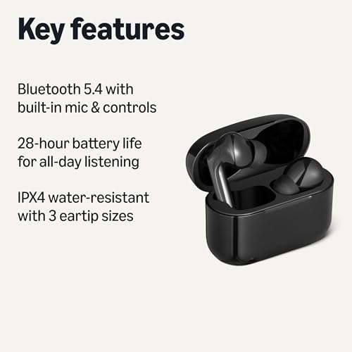 Amazon Basics Bluetooth 5.4 True Wireless Earbuds, IPX4 Waterproof, in-Ear with Mic, 28 Hours Battery Life, Charging Case, Black