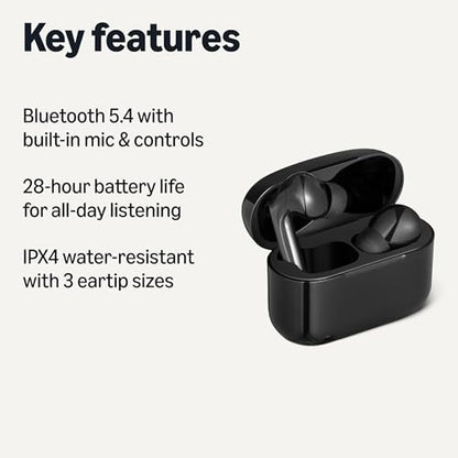 Amazon Basics Bluetooth 5.4 True Wireless Earbuds, IPX4 Waterproof, in-Ear with Mic, 28 Hours Battery Life, Charging Case, Black