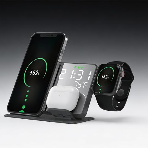 All-in-one Wireless Charger,Clock,Alarm,Calendar,Temperature Display,15W Fast Charging.Wirelessly Charge Phone,Watch,Earbuds simultaneously,Compatible with Qi-Enabled Devices,W669 Black. - color: Multi Functional Alarm Clock W669 Black