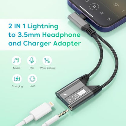 Magnetic 2-IN-1 Right Angle Lightning to 3.5mm Audio Jack Headphone and Charge Cable Adapter for iPhone,90 Degree Earphone Converter Splitter Support Music+Charge+HiFi+Mic for iPhone14 13 12 11