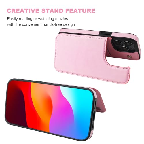 ONETOP for iPhone 15 Pro Wallet Case with Credit Card Holder,Pink | Kickstand,ID/Cash Holder,Case Wallet with Card Slots,Double Magnetic Clasp,Durable PU Leather Shockproof Cover for Women Men - color: Pink
