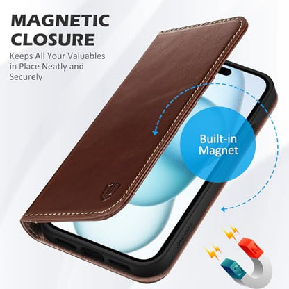 SHIELDON Genuine Leather Wallet Case for iPhone 15 6.1" 2023, Retro Coffee | RFID Blocking, Credit Card Holder, Magnetic Closure, Kickstand, Folio Design, Shockproof Phone Cover - color: Retro Coffee