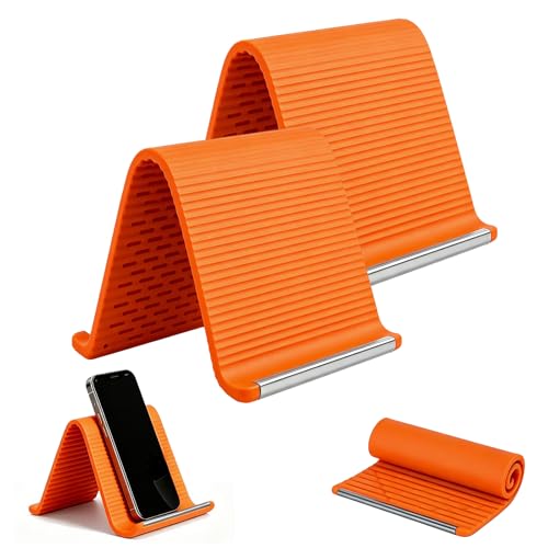 2PCS Portable Foldable Silicone Aluminum Phone Stand, Bendable Core Foldable Rollable Phone Holder - Flexible iPhone Stand for Long Travel Accessories - Plane Essentials (Orange)