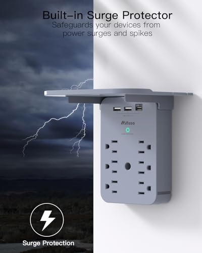 Wall Outlet Extender with Shelf, Surge Protector 6 AC Multi Plug Outlet - color: Grey, size: 3 USB
