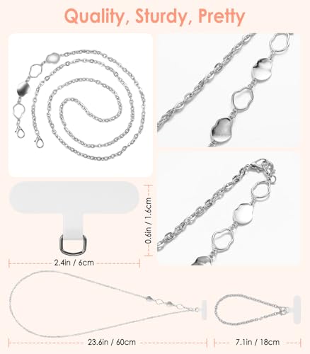 MoKo Metal Phone Crossbody Chain Lanyard with Wrist Strap and 2 Patches - color: Silver