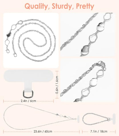 MoKo Metal Phone Crossbody Chain Lanyard with Wrist Strap and 2 Patches - color: Silver