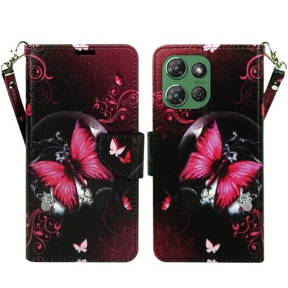 Zase for Motorola Moto G Power 5G (2025/2026) Wallet Phone Case Purse Protective Premium PU Leather Magnetic Closure w/Kickstand ID Card Slot Wrist Strap Cute Design (Black Pink Butterfly) - color: Black Pink Butterfly