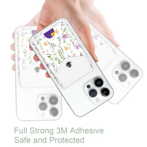 Self Adhesive Card Holders for Back of Phone, Leather RFID Phone Wallet Pockets with Snap, Card Holders Sleeve for Phone Case, Cute Flower - color: Cute Flower