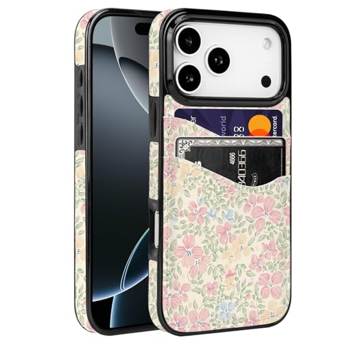 Compatible with iPhone 17 Pro 6.3 inch Card Slot Phone Case | Cute Peach Blossom Flower Design with Card Holder for Women Girls Slim Shockproof Wallet Cover 6.3 inch - color: Peach Blossom Flower, size: iPhone 17 Pro 6.3 inch