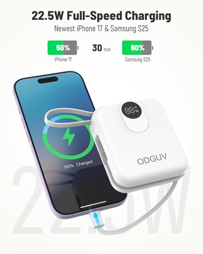 Small Portable Charger with Built-in Cables,22.5W Fast Charging Power Bank,USB-C Mini Battery Pack 10000mAh,Travel Essential Powerbank for iPhone Samsung Android MacBook iPad,White - color: white