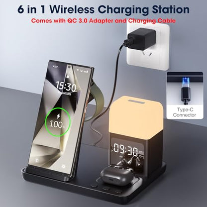 Wireless Charger for Samsung/Android, 6 in 1 Phone Nightstand Charging Station Charger with Alarm Clock/Night Light for Samsung S26/S25/S24 Ultra/Buds4,Watch Charger for Galaxy Watch 8/7/6/5 - color: Ink Black