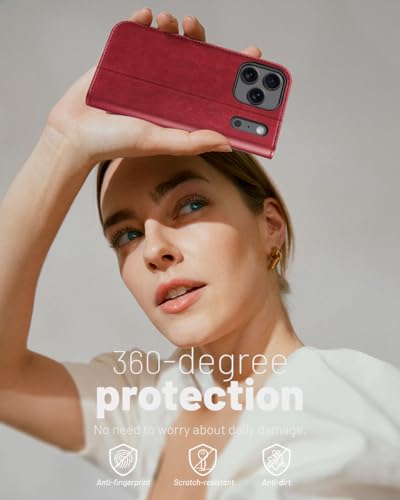 OCASE Compatible with iPhone 17 Pro Wallet Case, PU Leather Flip Folio Case with Card Holders RFID Blocking Kickstand [Shockproof TPU Inner Shell] Phone Cover 6.3 Inch 2025, Red | Card Slot Magnetic Stand Function RFID Blocker Shockproof Leather Case - co