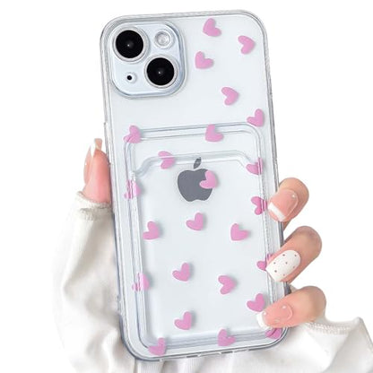 NITITOP Compatible with iPhone 14 Case Clear with Card Holder Cute Pink Love Heart Pattern Design Design Soft TPU Shock-Absorbing Wallet Case Protective Cover - Pink - color: Pink, size: iPhone 14