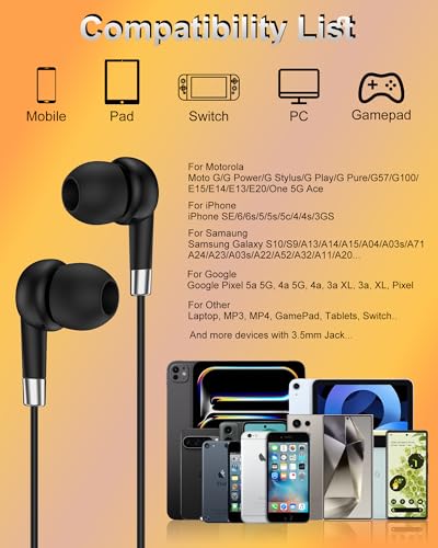 Moto G Stylus Wired Earbuds 3.5mm Jack, In-Ear Headphones with Microphone - color: Black