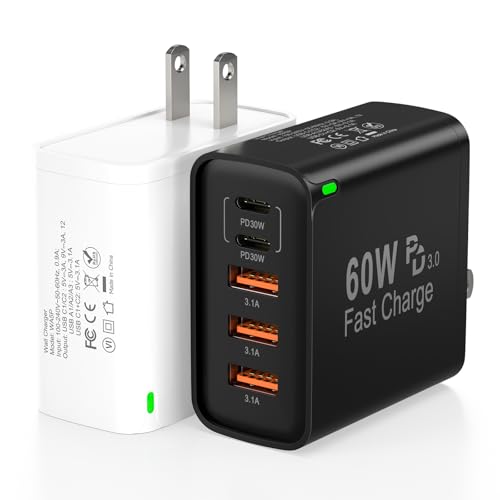 2Pack USB C Fast Charger Block, Total 60W 5-Port USB C Wall Charger 30W - color: White+Black