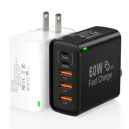 2Pack USB C Fast Charger Block, Total 60W 5-Port USB C Wall Charger 30W - color: White+Black