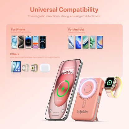 Magnetic Portable Charger Built-in Cables,10000mAh Fast Charging Wireless Charger Station External Battery Pack Slim Pocket Size Power Bank with Stand Compatible with iWatch, iPhone - color: Pink