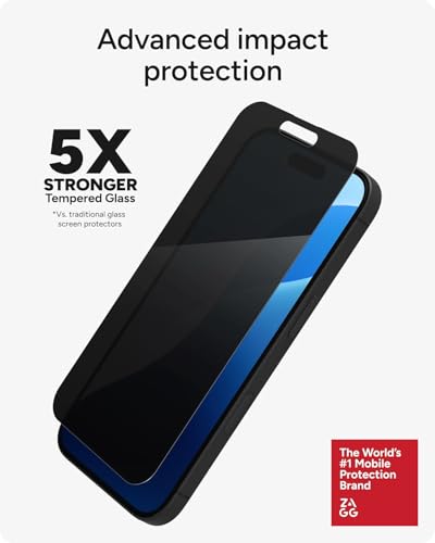 ZAGG Elite Privacy 360 Glass Screen Protector for iPhone 16 / iPhone 15-5X Ultra Strong Tempered Glass, 4-Way Privacy Filter, Scratch Protection, Anti-Smudge, Easy to Install, InvisibleShield