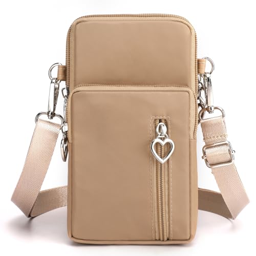 Small Crossbody Bag for Women, Multi Zip Pockets Nylon Wallet Purse Credit Card Holder with Detachable Hand Strap - color: Camel