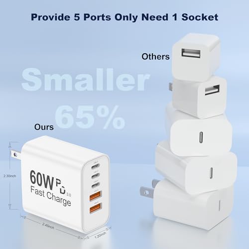 60W USB C Charger Block, Versatile iPhone Charger, White (1 Pack) - color: White