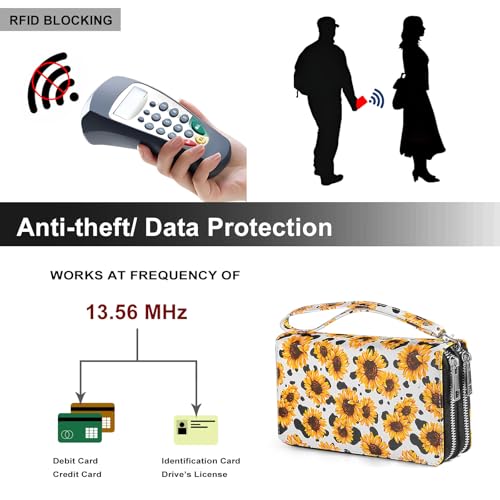 RFID Wallet with Phone Pocket for Women - Double Zipper Wristlet Purse Large Capacity, 17 Card Slots, Coin Pocket, Cow Sunflower - color: Cow Sunflower
