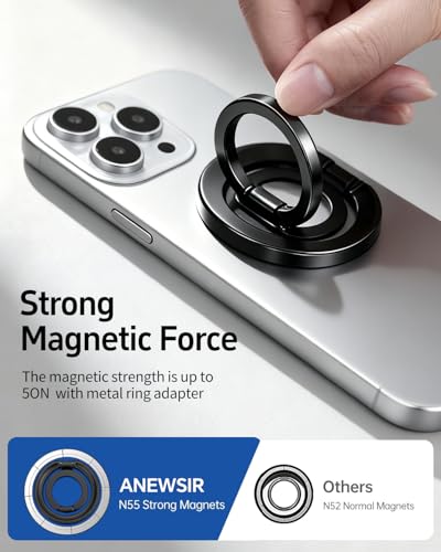 ANEWSIR Magnetic Phone Ring MagSafe Phone Grip, Magnetic Cell Phone Stand Holder Finger Ring [Super Magnet] [360 Rotation] [Double Bracket] Compatible with iPhone 17/16/15/14/13/12 Series - Black