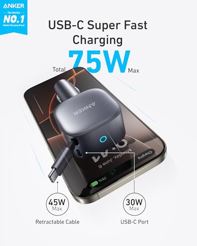 Anker 75W Fast Charging USB C Car Charger with Retractable Built-in Cable