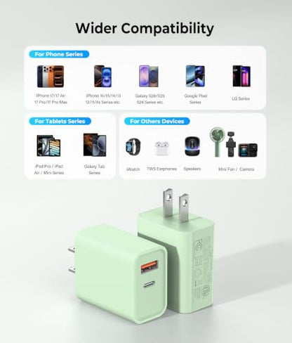 [2 Pack] 20W USB C Charger Block, Dual Ports Fast Charging Adapter - color: 2-Pack Mint Green