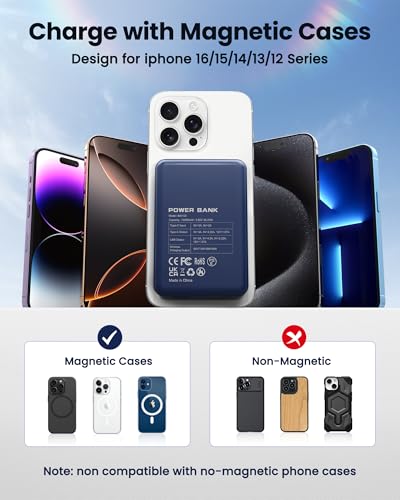 for Magsafe Battery Pack 12000mAh Magnetic Power Bank Portable Charger 20W USB C Fast Charging Wireless Charger for iPhone 17/16/15/14/13/12 | PD 22.5W Fast Charging, USB C in&Out Wireless Battery Pack Phone Charger for iPhone 16/15/14/13/12 All Series -