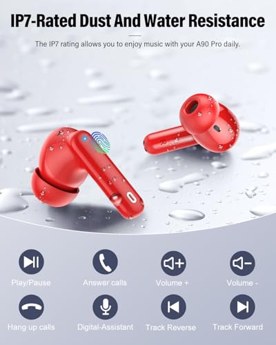 Wireless Earbuds, Bluetooth 5.4 Headphones Bass Stereo/Clear Calls, Red - color: Red