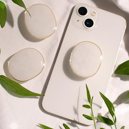Natural Gemstone Phone Grip Collapsible Cell Phone Holder & Expanding Kickstand, Authentic Oval Crystal with Gold Edge (White Quartz, Adheisve Base) - color: White quartz