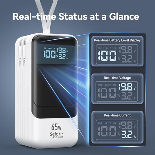 Selore&S-Global 65W Power Bank for Laptop, 18400mAh Fast Charging Portable Charger, Battery Pack with Dual Built-in USB-C & Lightning Cables, LCD Display Travel Chargers for MacBook/Dell XPS