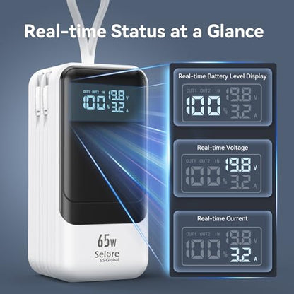 Selore&S-Global 65W Power Bank for Laptop, 18400mAh Fast Charging Portable Charger, Battery Pack with Dual Built-in USB-C & Lightning Cables, LCD Display Travel Chargers for MacBook/Dell XPS