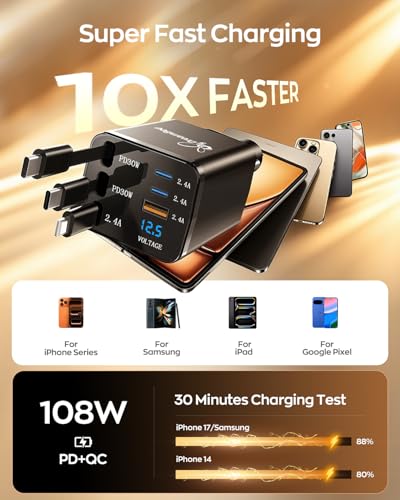 DreamBee Retractable Car Charger,108W 6 in 1 Super Fast Car Phone Charger with 3 Cords 31.5INCH, USB C Car Charger Adapter for iPhone 18/17/16/15/14/13 Pro Max XR,iPad,Samsung