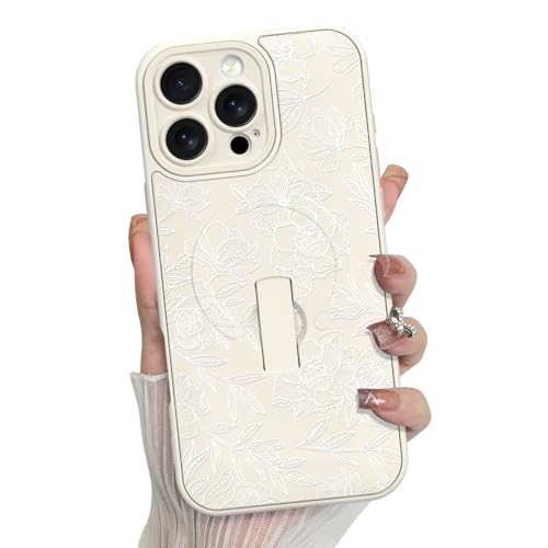 MZELQ for iPhone 16 Pro Case Rose Floral Flower Pattern -White | Silicone Cute Support for MagSafe, Kickstand Wristband Camera Protection Soft Slim Phone Case for Girls Women - color: White-Rose, size: iPhone 16 Pro