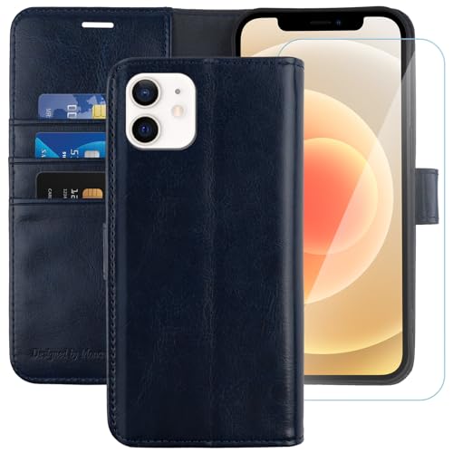 MONASAY Wallet Case Compatible for iPhone 12 mini 5G 5.4-inch,[Glass Screen Protector Included] [RFID Blocking] Flip Folio Leather Cell Phone Cover with Credit Card Holder, Blue - color: Blue