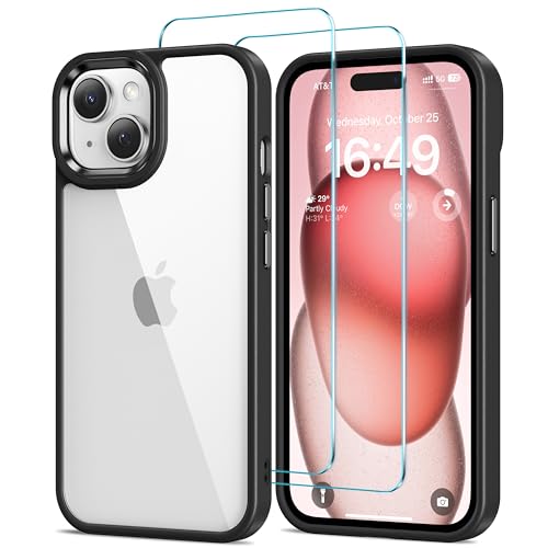 HOOMIL Case for iPhone 15 Phone Cover with 2-Pack Tempered Glass Screen Protector, Non-Yellowing, Drop Protection, Anti-Scratch, Transparent, Hard Back - Black Clear - color: Black, size: iPhone 15