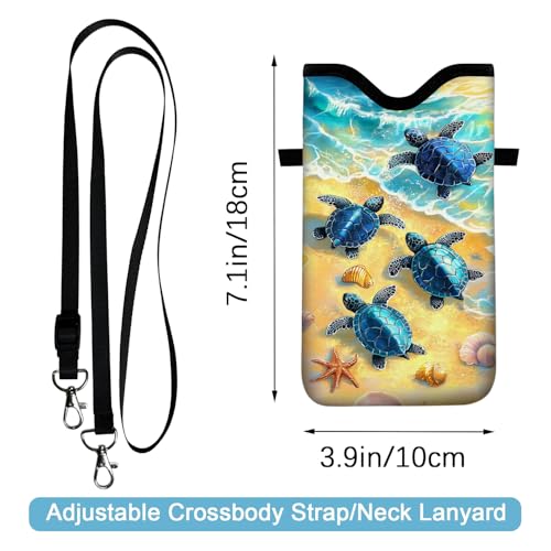 Neoprene Cell Phone Sleeve Pouch Case Bag with Crossbody Strap Neck Lanyard for Women 7.1 X 3.9 in Cute Turtle - color: Cute Turtle