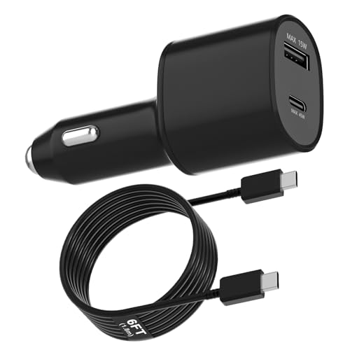 Super Fast Dual Car Charger (45W+15W) Dual Ports USB-C & USB-A White 6.6ft Cable for Samsung S25 S24 S23 S22- Black