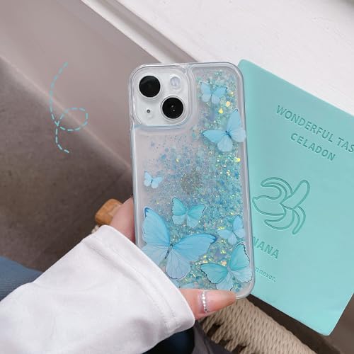 Compatible with iPhone 14 Glitter Butterfly Case Glow in The Dark Women Girls Girly Bling Sparkle Flowing Quicksand Light up Case Soft TPU Bumper Luminous Clear Phone Cover, Blue - color: Blue, size: iPhone 14