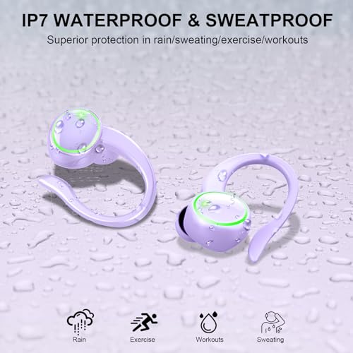 Matast Wireless Earbuds, Bluetooth 5.4 Headphones Sports, 45H Playback Over-Ear Buds with ENC Noise Cancelling Mic, HiFi Stereo Fitness Earphones with Earhooks, IP7 Waterproof Headset - color: Purple