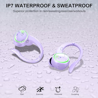 Matast Wireless Earbuds, Bluetooth 5.4 Headphones Sports, 45H Playback Over-Ear Buds with ENC Noise Cancelling Mic, HiFi Stereo Fitness Earphones with Earhooks, IP7 Waterproof Headset - color: Purple