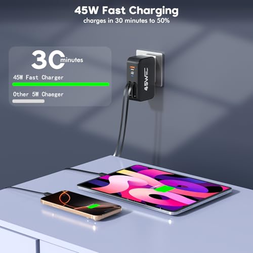 4 in 1 Retractable Wall Charger Dual USB C Cable Plug,45W USBC Fast Retractable iPhone Charger Foldable Block Dual Port(USB C+USB A) with Dual USB C Cable Fast Charger for iPhone 17/16/15,iPad Pro/Air