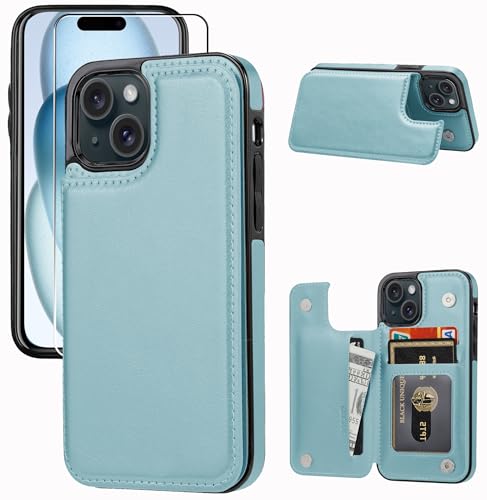 Wallet Case Compatible with iPhone 15 6.1”,Slim Protective case with Card Holder, PU Leather Kickstand Card Slots Case with a Screen Protector iPhone 15(6.1")-Ice Blue - color: Ice Blue