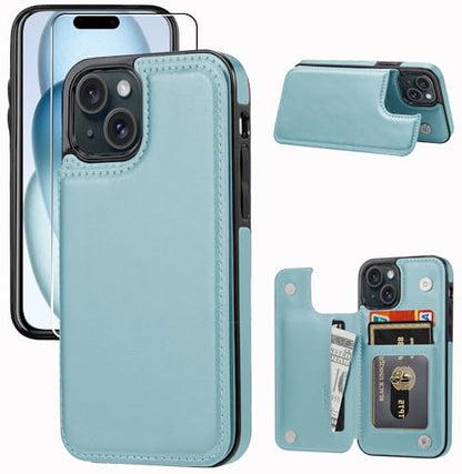 Wallet Case Compatible with iPhone 15 6.1”,Slim Protective case with Card Holder, PU Leather Kickstand Card Slots Case with a Screen Protector iPhone 15(6.1")-Ice Blue - color: Ice Blue