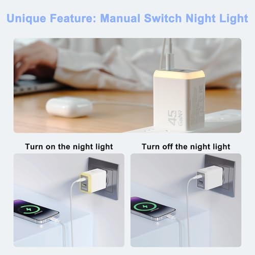 45W USB C Charger Block,USB C Travel Wall Charger with Night Light(Touch Switch),GaN 2 Port Fast Charging for iPhone 17/17 Pro/17 Pro Max/16/15/14/13/12,iPad,Samsung Galaxy S25 S24 S23